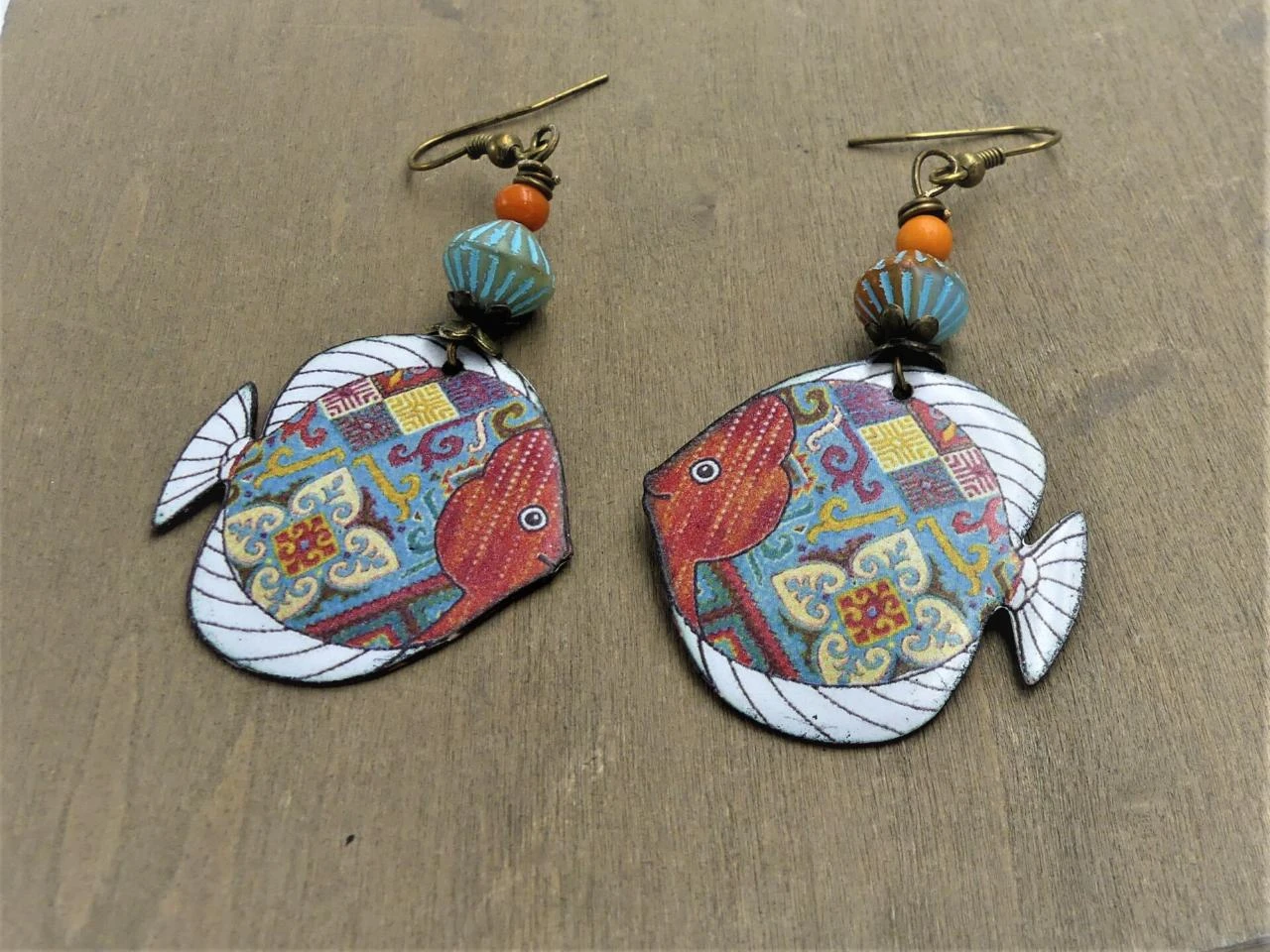 Boucles d'oreilles impressions sur cuivre, verre tchèque, fait main, unique